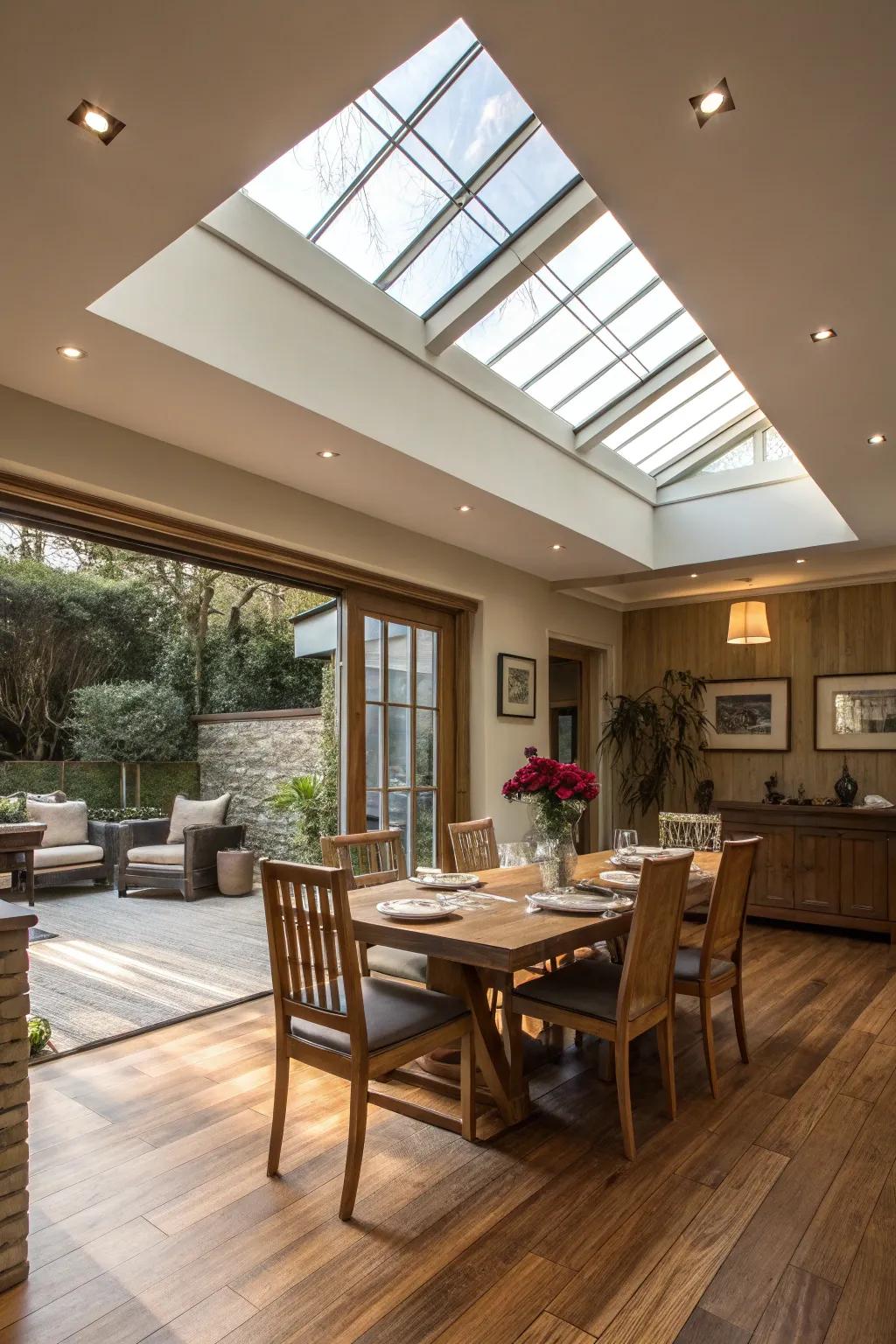 Skylights fill this dining room with natural light, creating an open atmosphere.