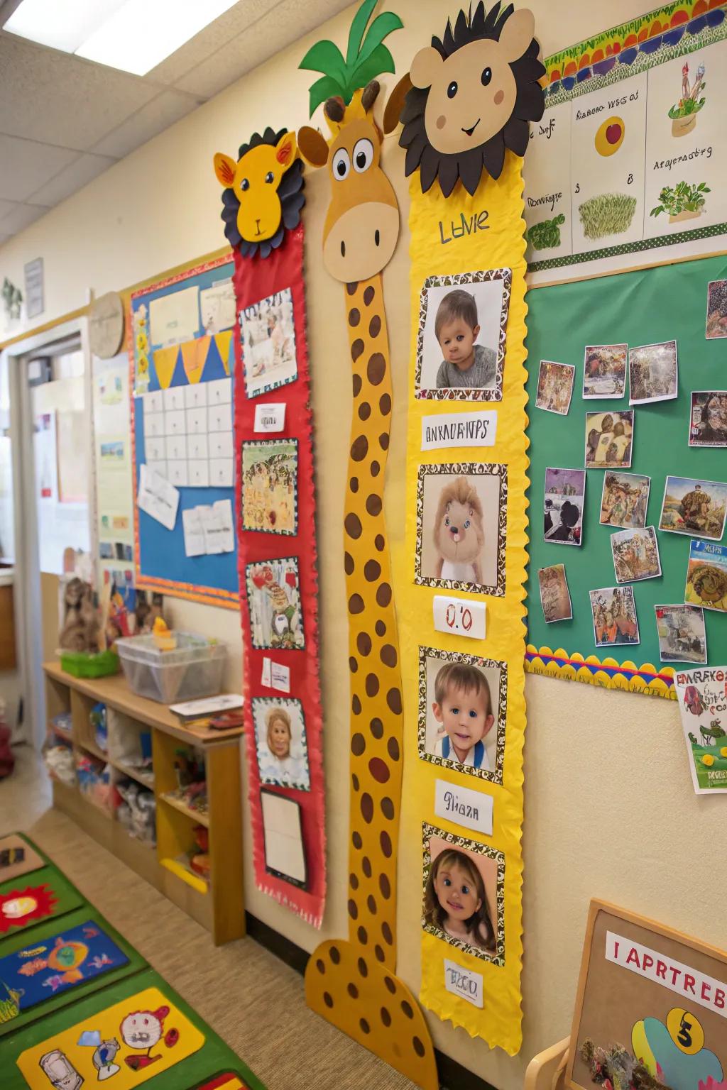 A whimsical bulletin board showcasing animal totems that represent each child's family.