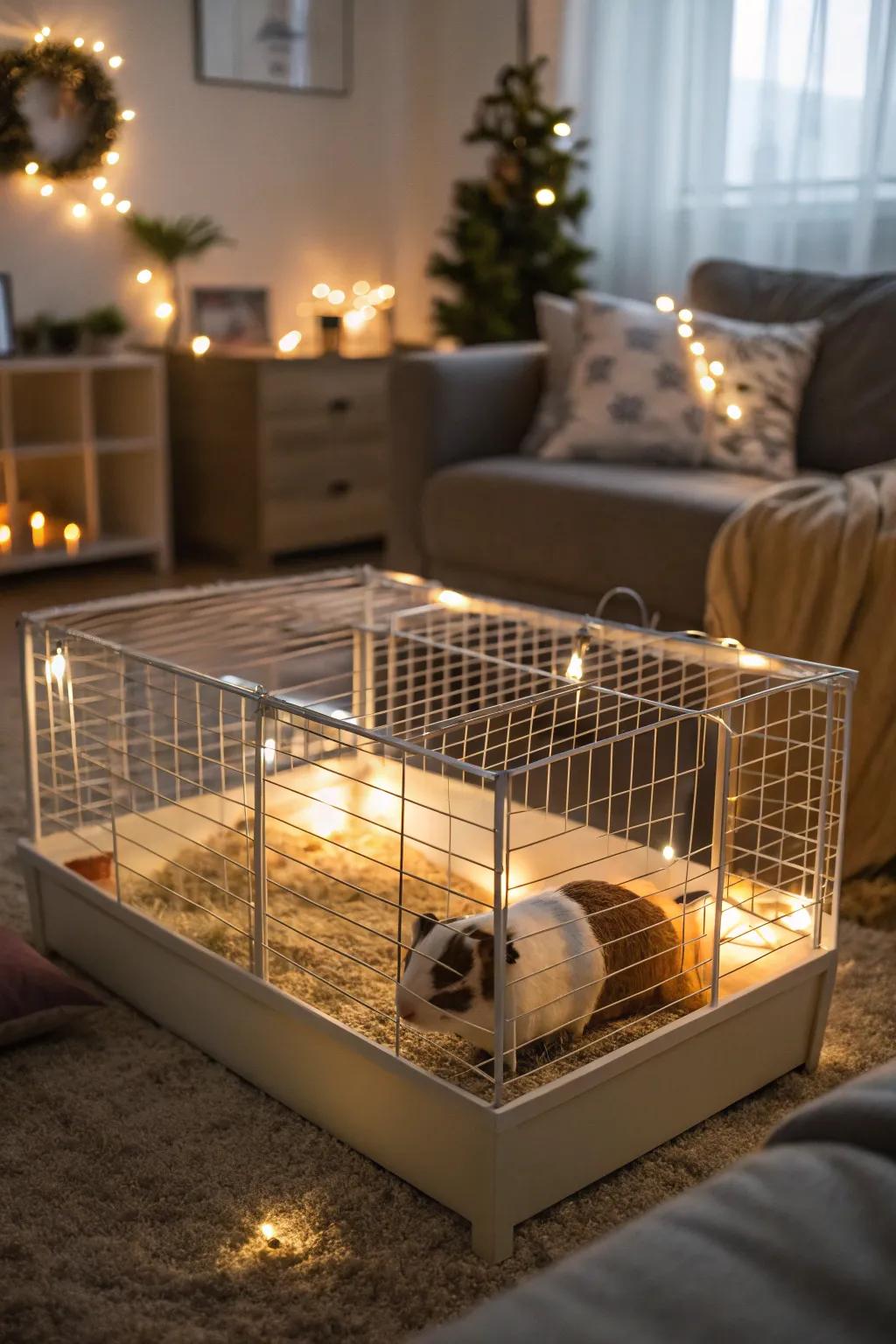 A cage with integrated lighting, casting a warm glow in a cozy living room.