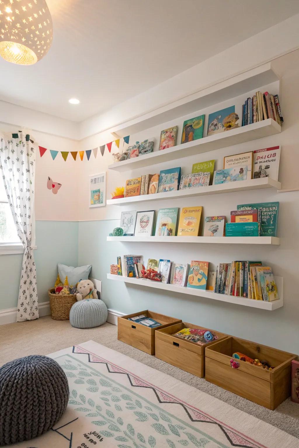 Floating shelves offer stylish storage and display space.