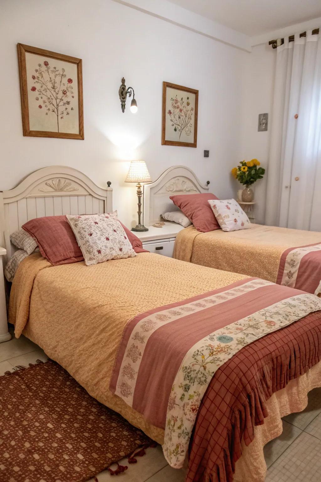 Symmetrical twin beds create a harmonious shared space.
