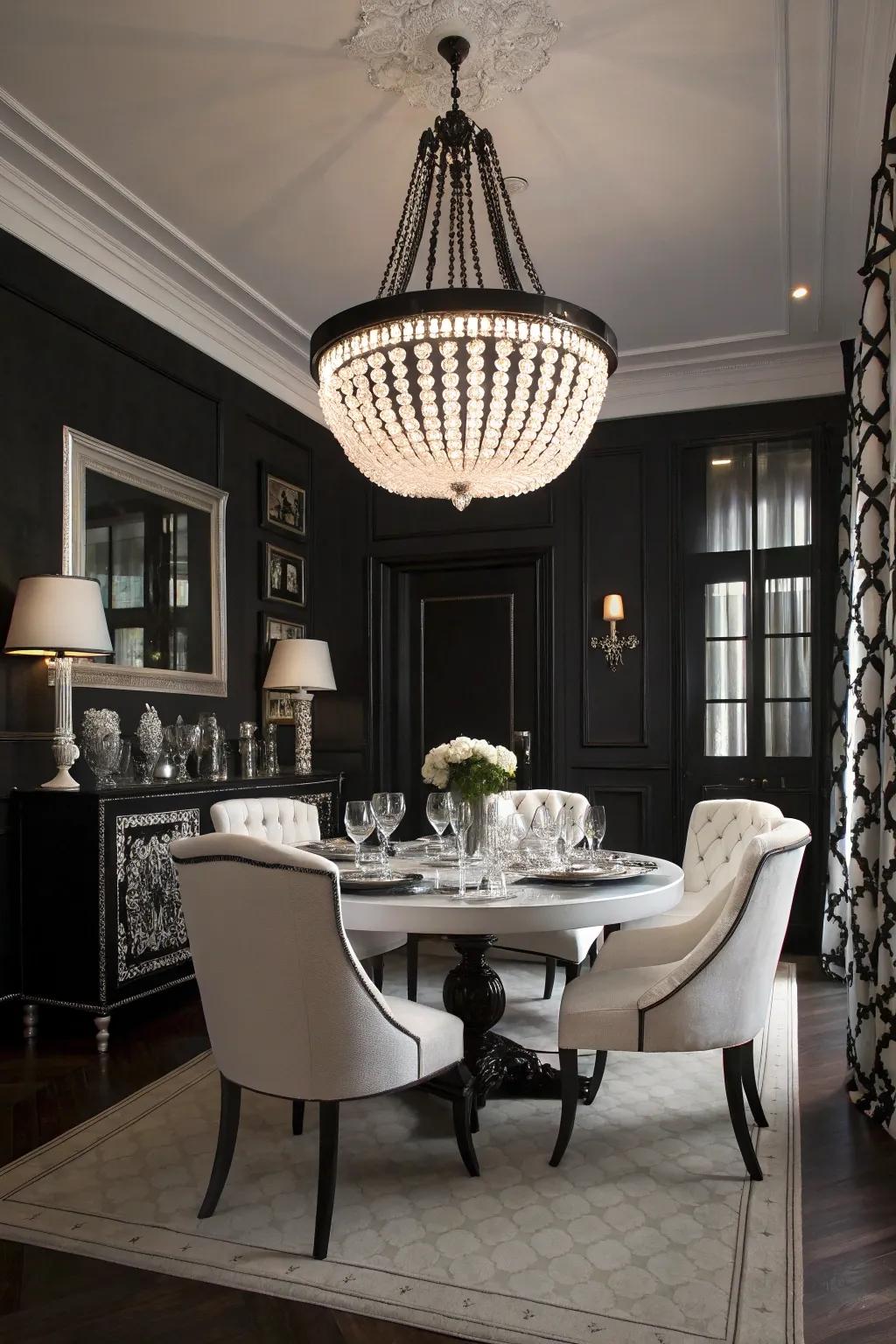 A dining room featuring a striking chandelier that complements the monochrome theme.