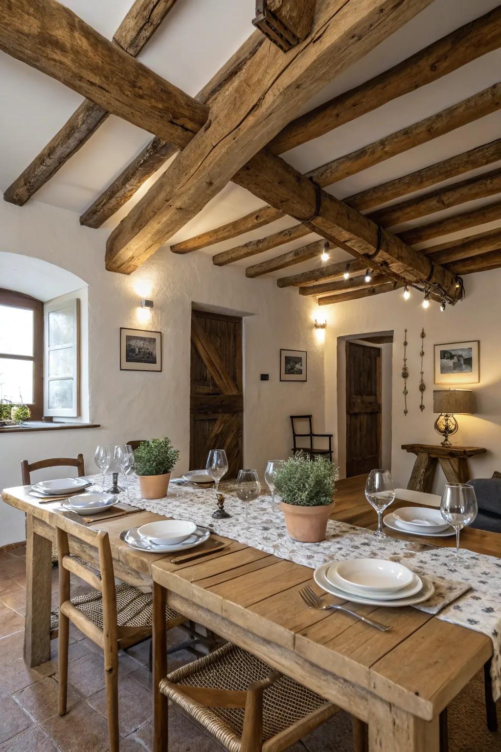 Warm wooden beams create a rustic charm in this dining room.