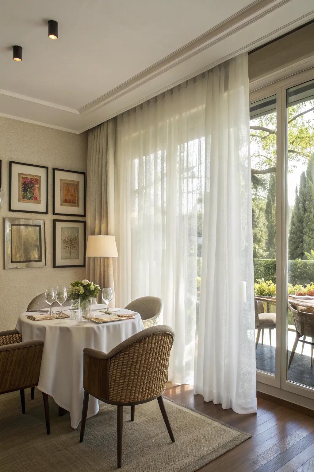 Sheer curtains allow natural light to create a serene dining ambiance.