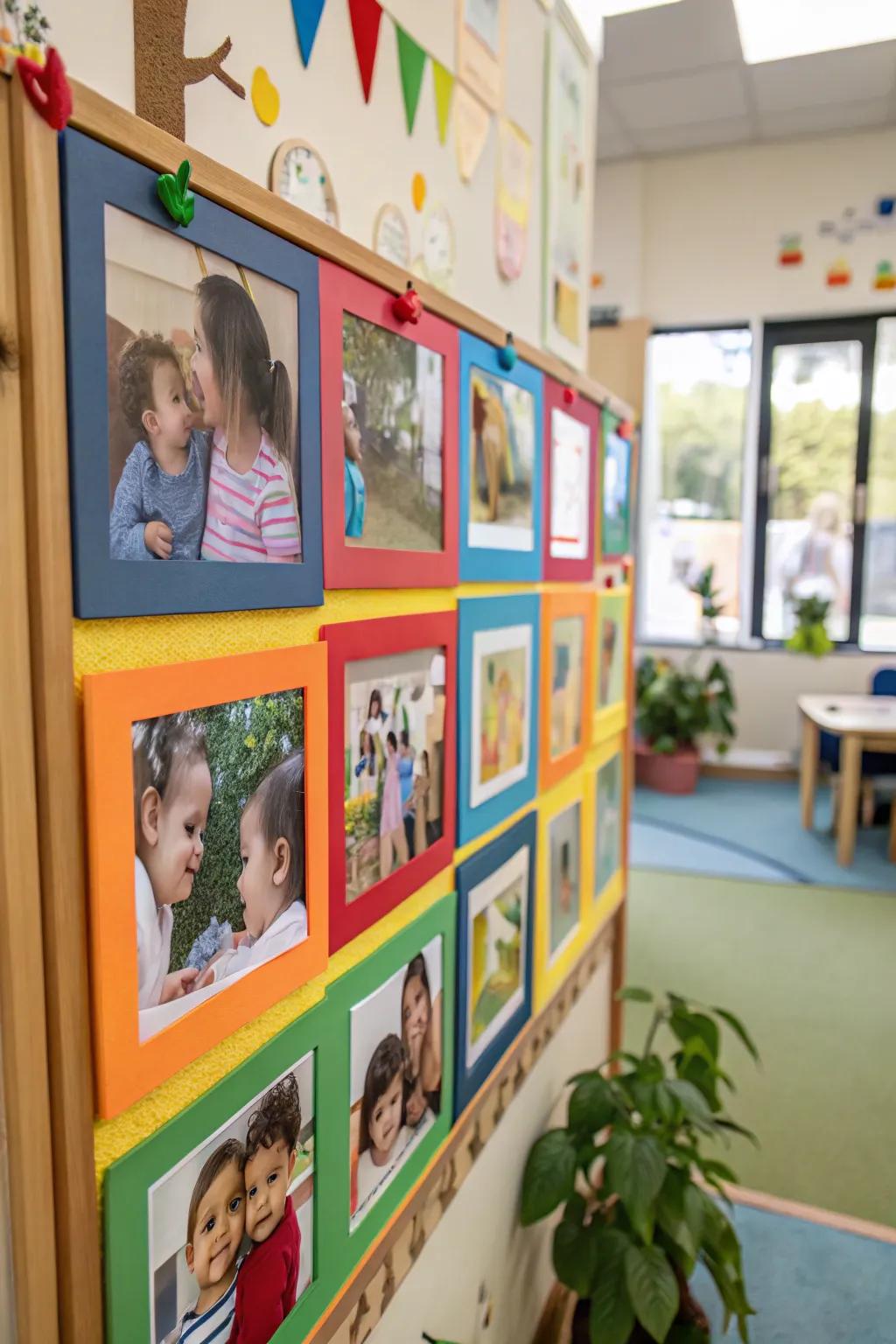 A lively bulletin board featuring a collage of colorful frames with family photos.