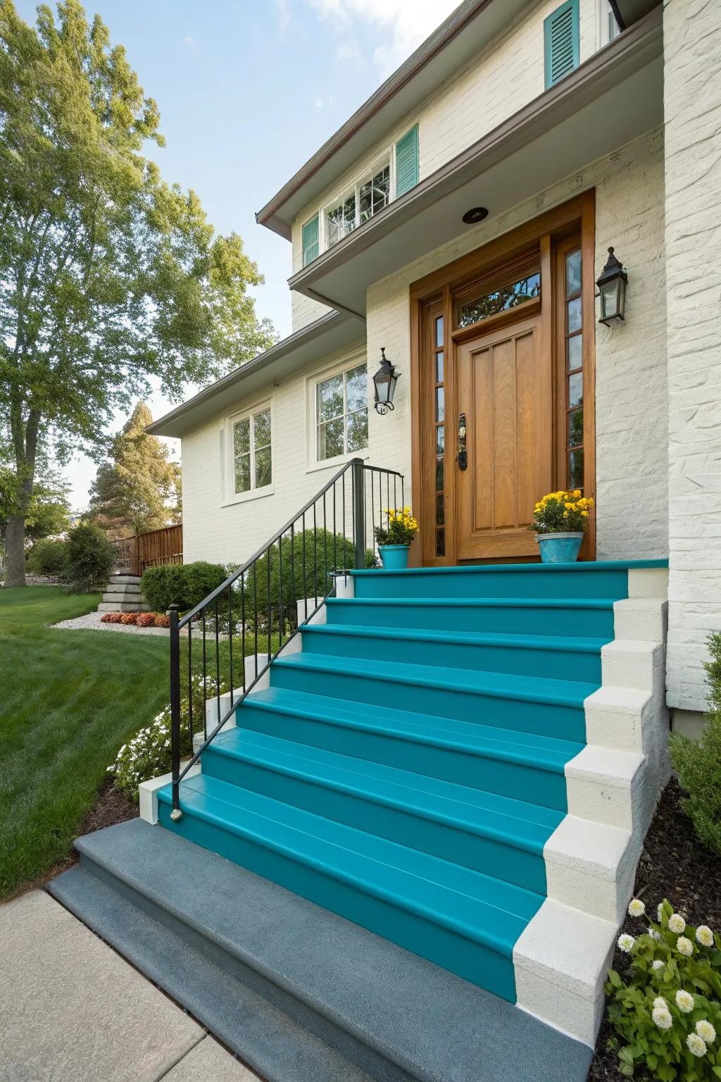Bold teal stairs making a striking entrance statement.