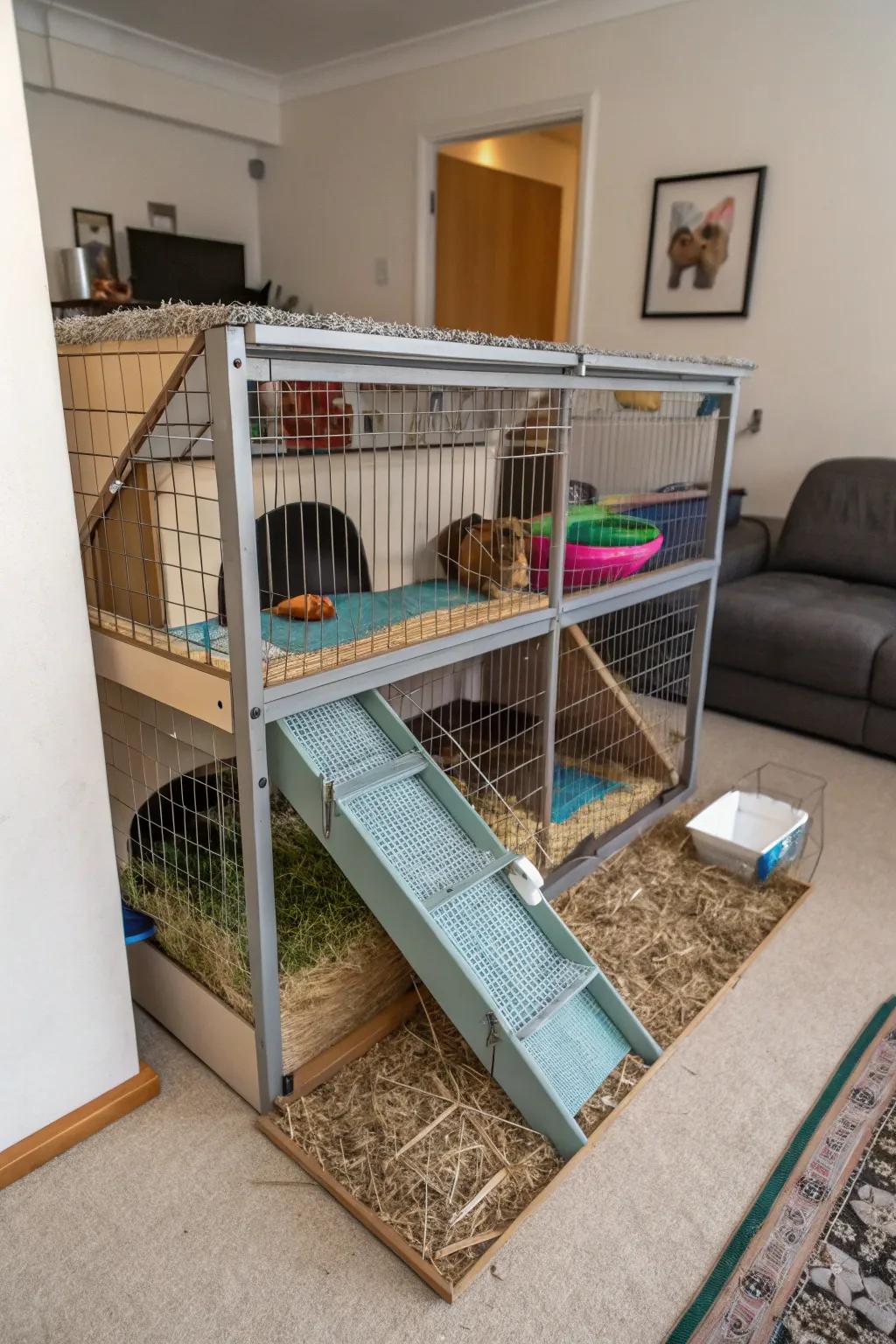 A vertical multi-level cage providing space for exploration in a small apartment.