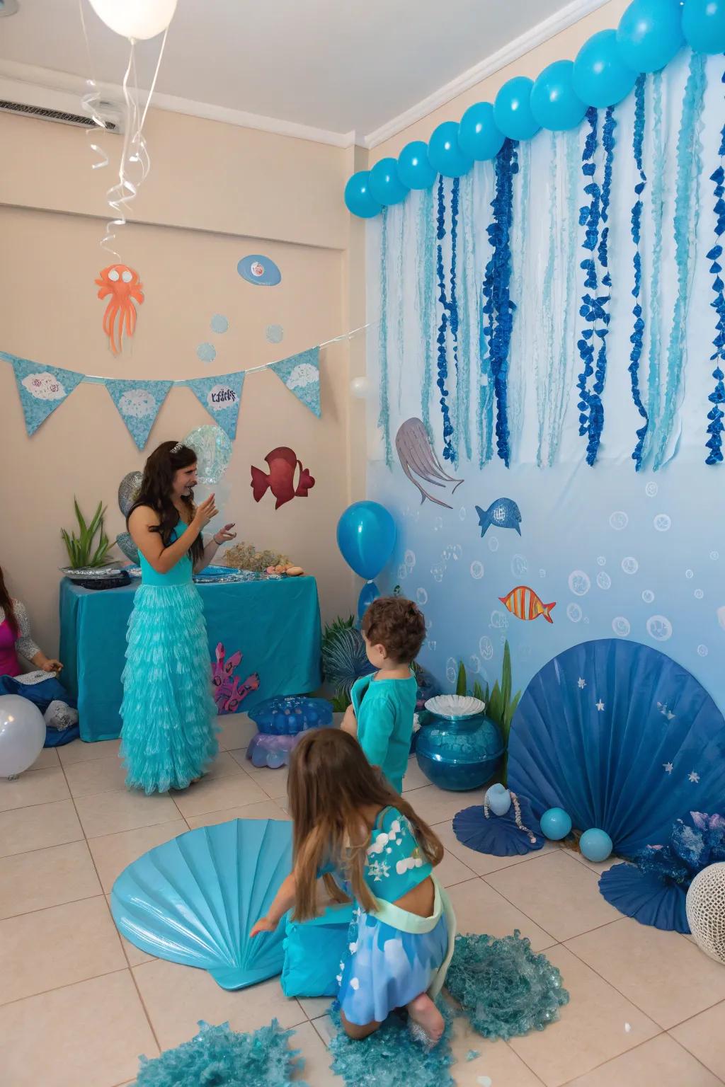 An under the sea themed birthday party setup.