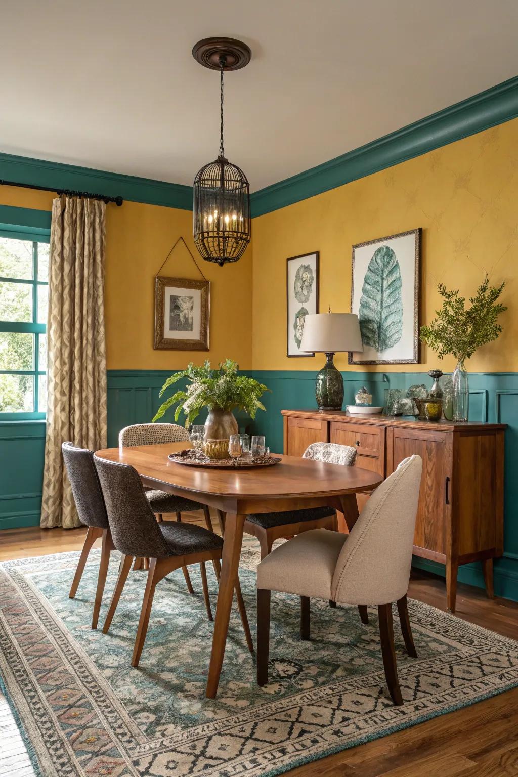 Warm, inviting colors of mustard and teal set the tone for this dining space.