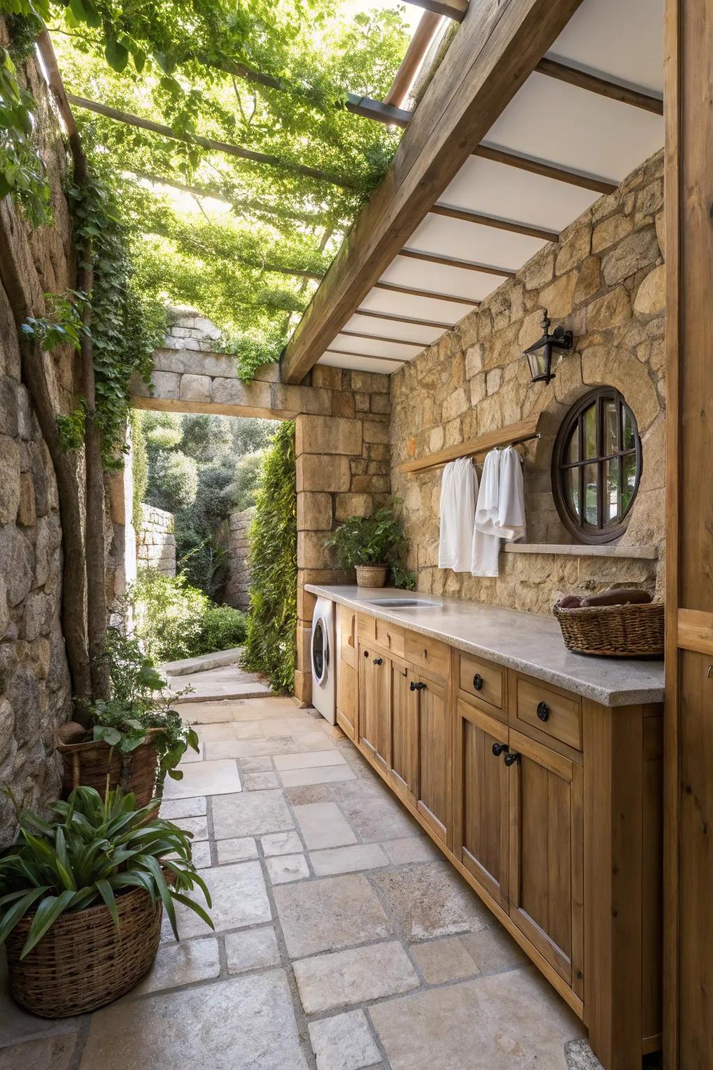 Nature-inspired materials bring an organic feel to the laundry area.