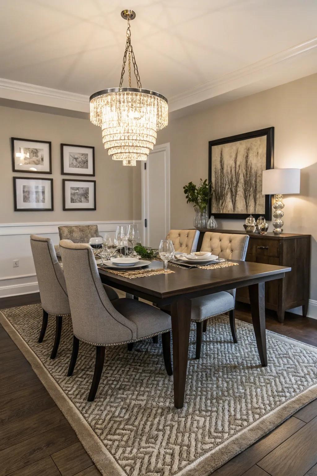 Textured rugs bring depth and warmth to your dining area.