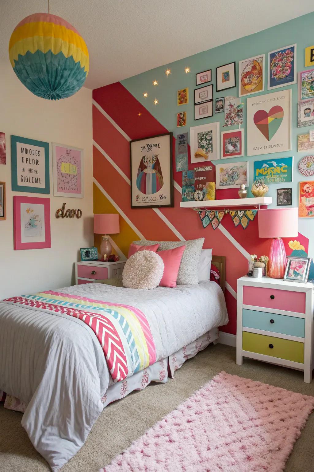 A bold accent wall adds personality and depth to a small bedroom.