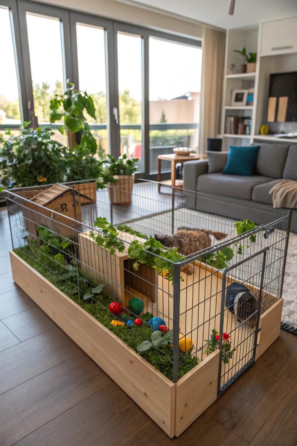 A transformative cage acting as a room divider in an open-plan living area.