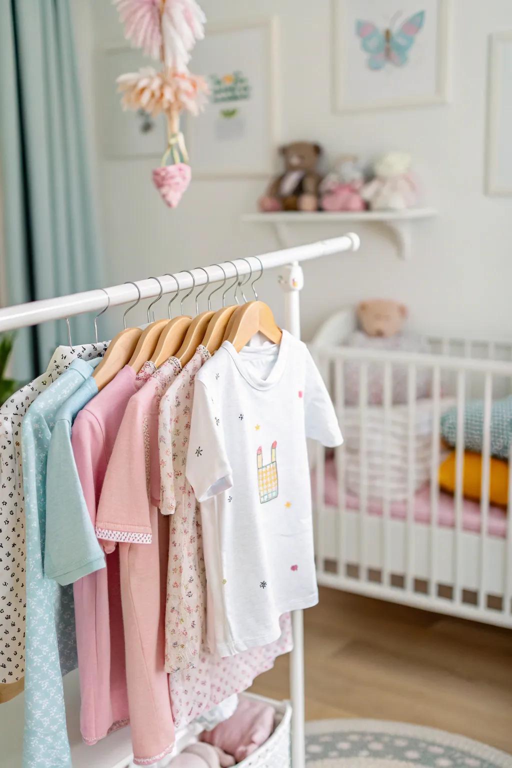 Hanging rods display baby clothes while saving drawer space.