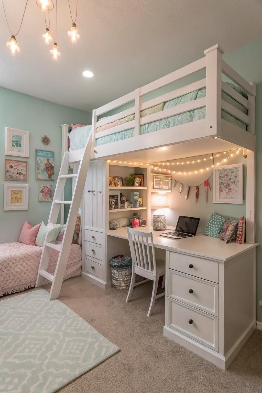 A loft bed with a study nook maximizes space and fun.