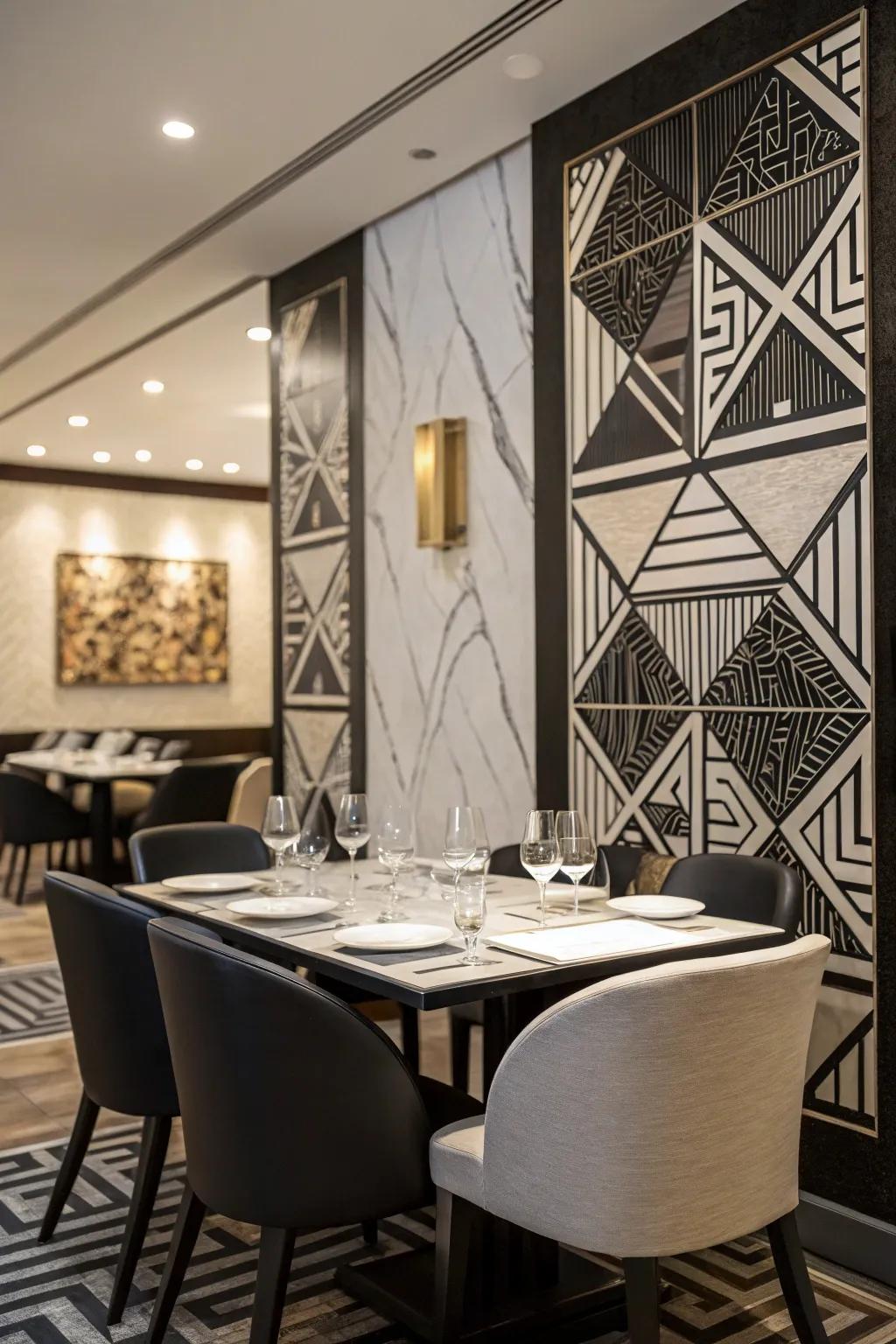 Geometric wall art adds a modern touch to a black and white dining room.
