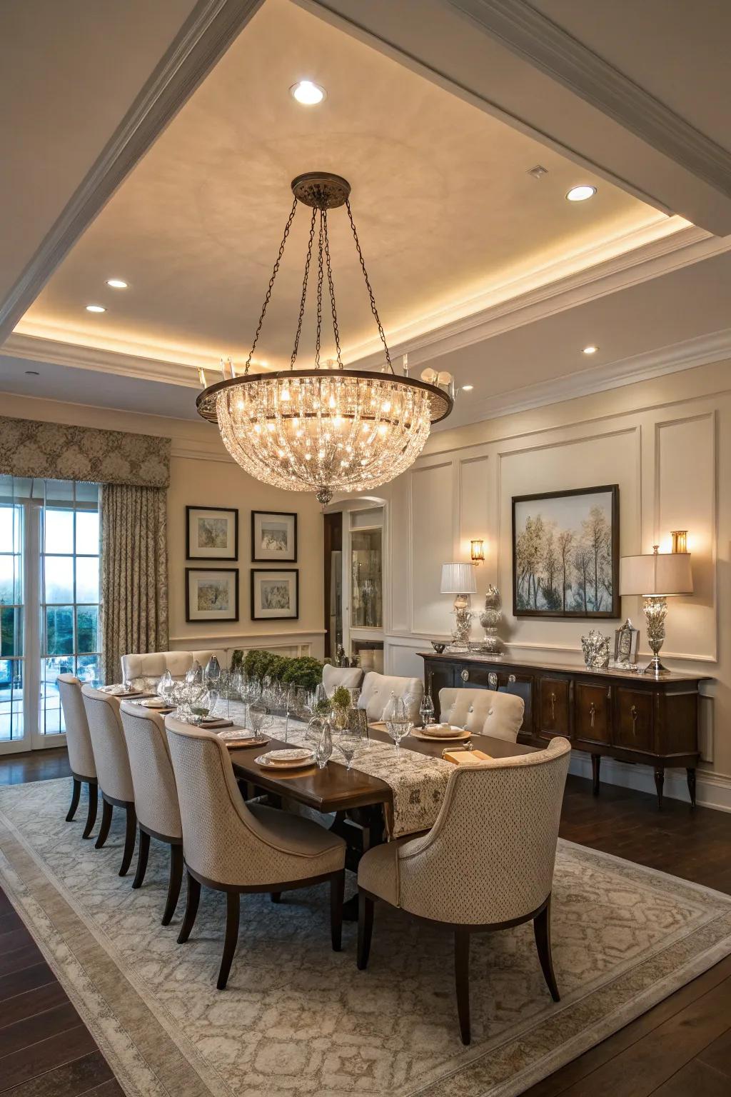 A statement chandelier transforms this dining room ceiling into a focal point.