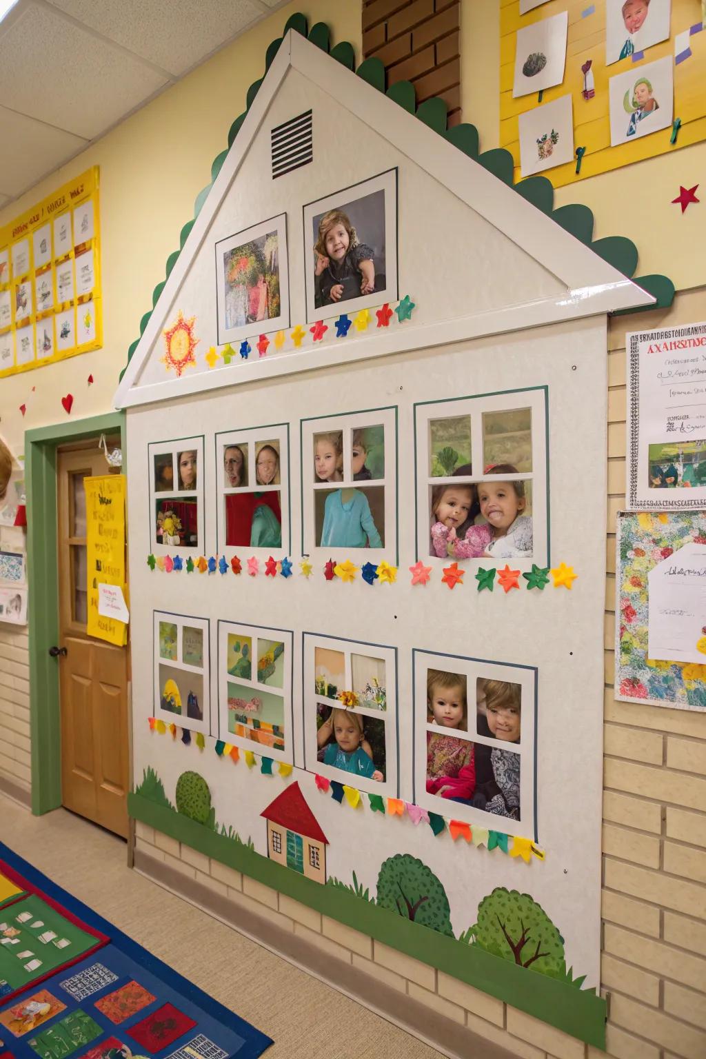 A cozy bulletin board featuring a large house with windows showcasing family photos.