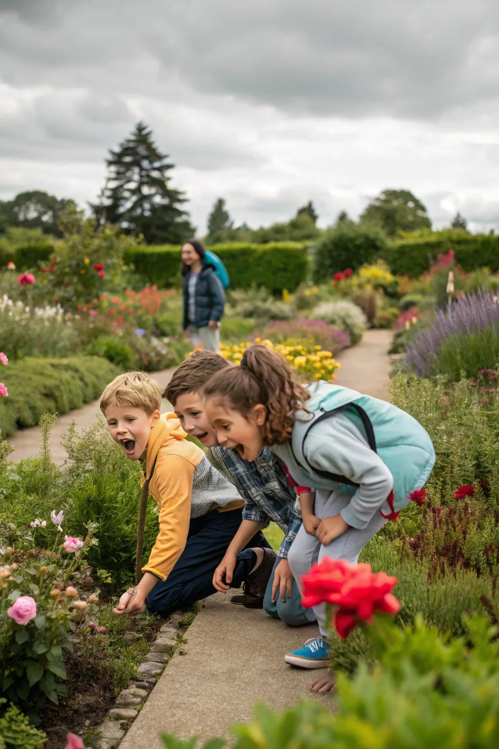 Children excitedly participating in an outdoor scavenger hunt.