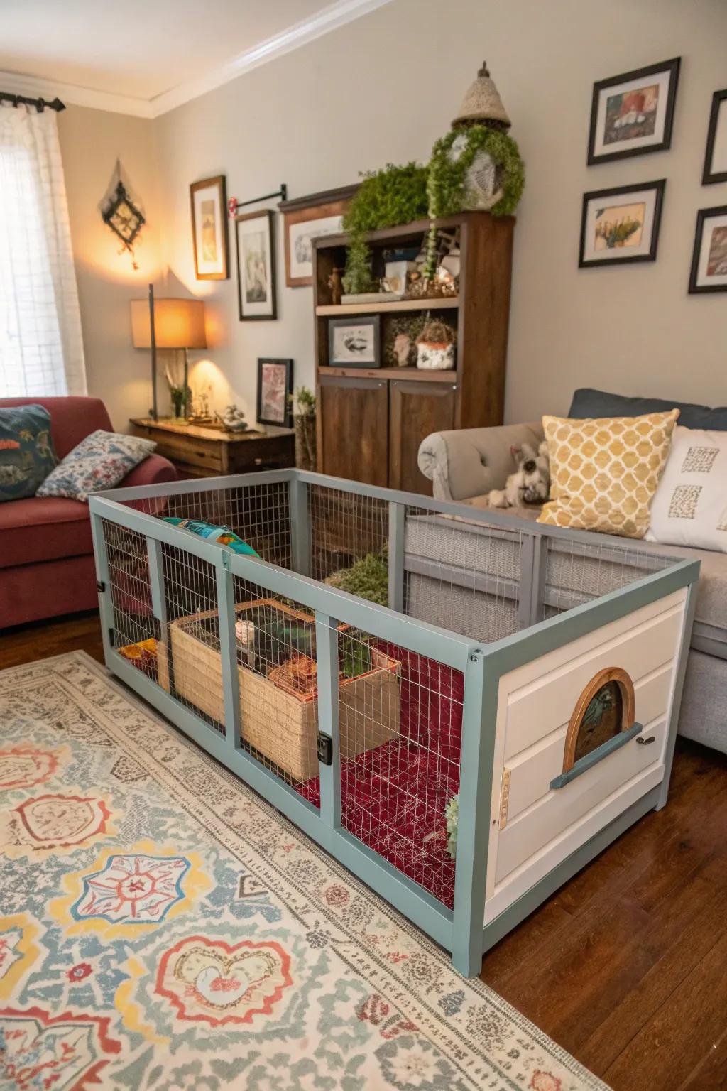 A DIY cage custom-fitted to a corner, showcasing creativity and practicality.