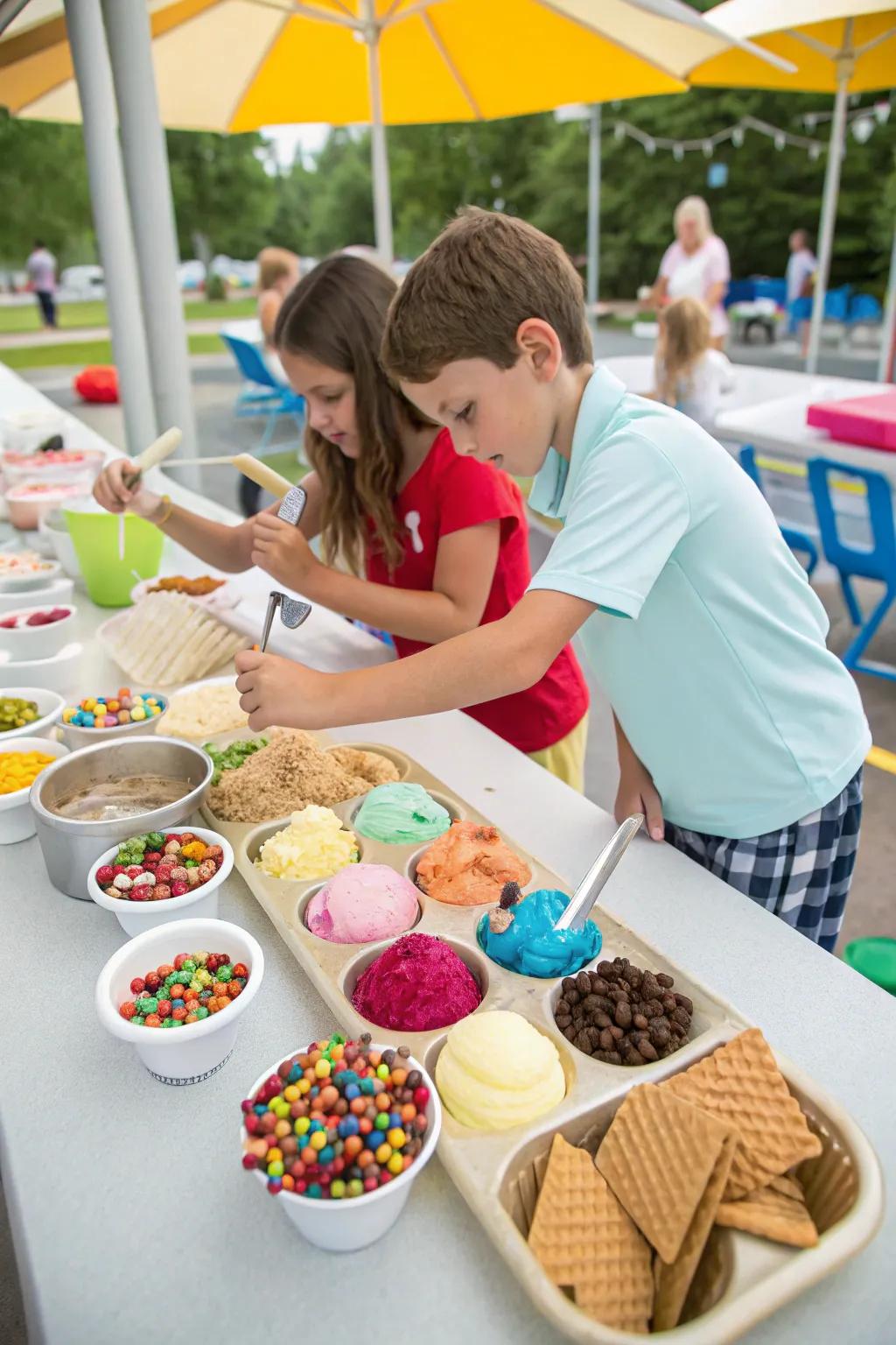 A vibrant ice cream social with a variety of toppings.