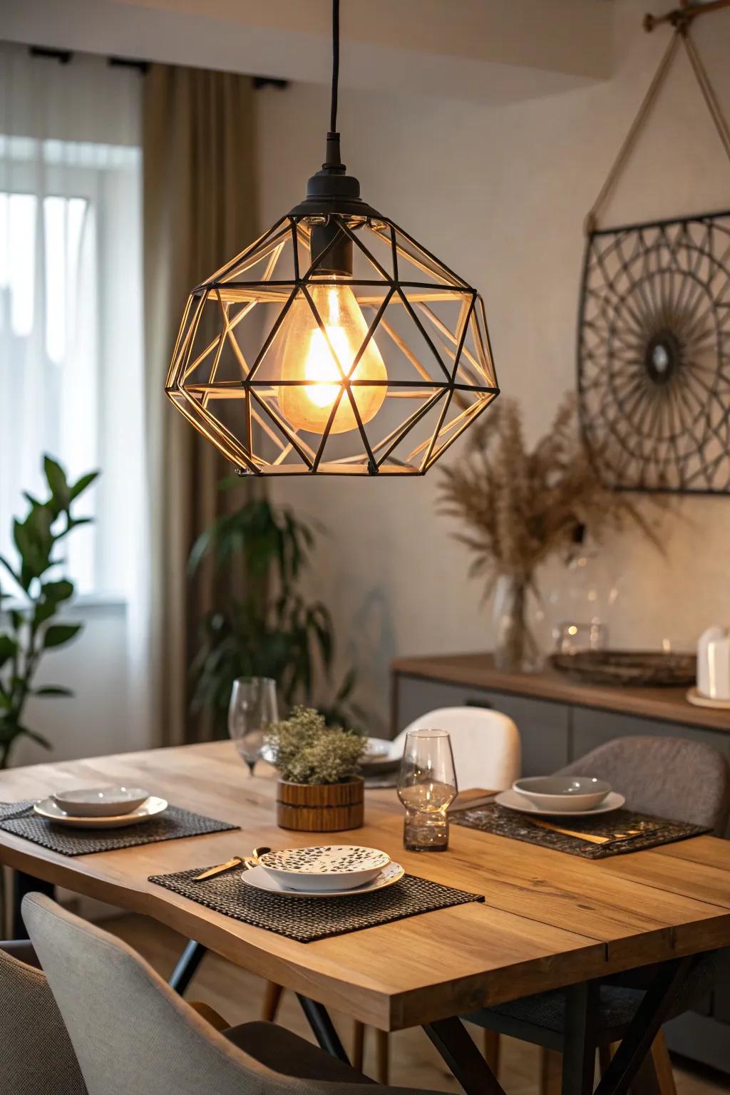 A sculptural pendant light adds a striking focal point to the dining area.