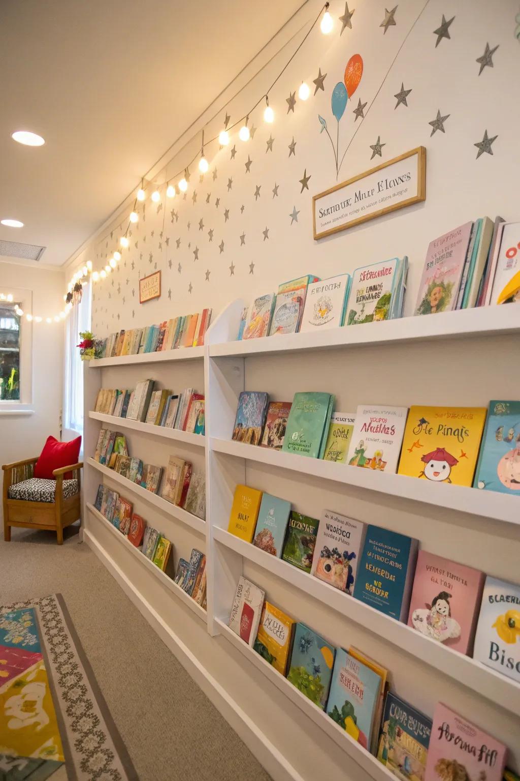 Front-facing book displays make storytime inviting and accessible.