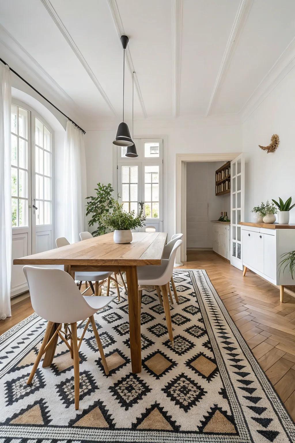 Patterned rugs add an artistic flair to your dining space.