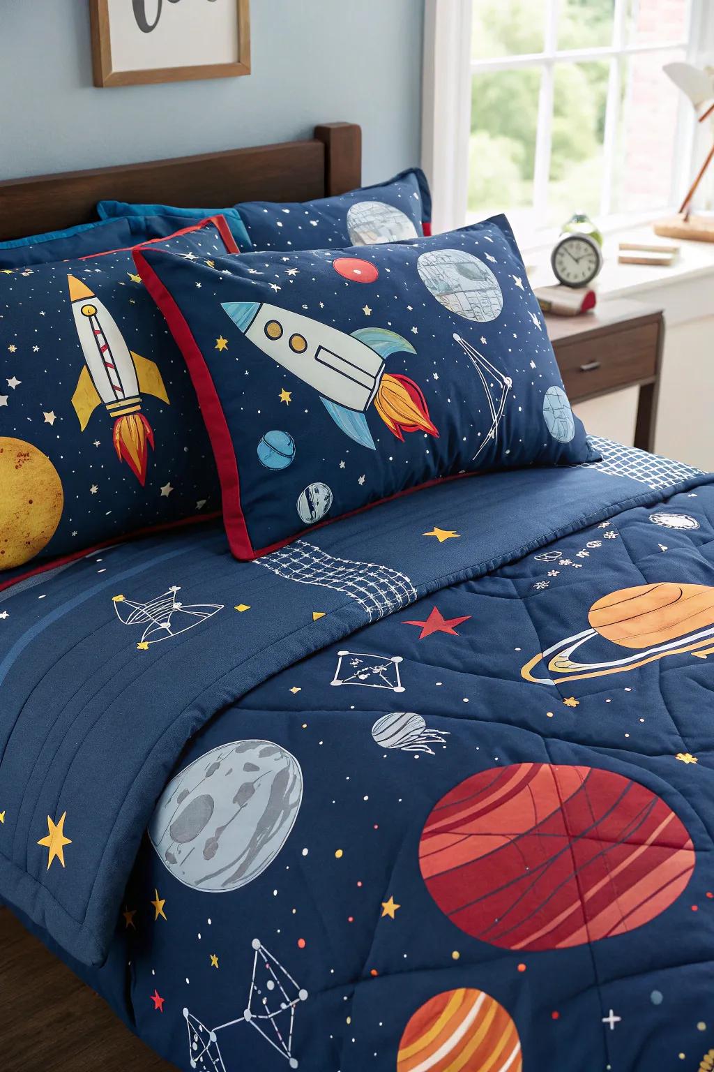 Add a playful touch with space-themed bedding.