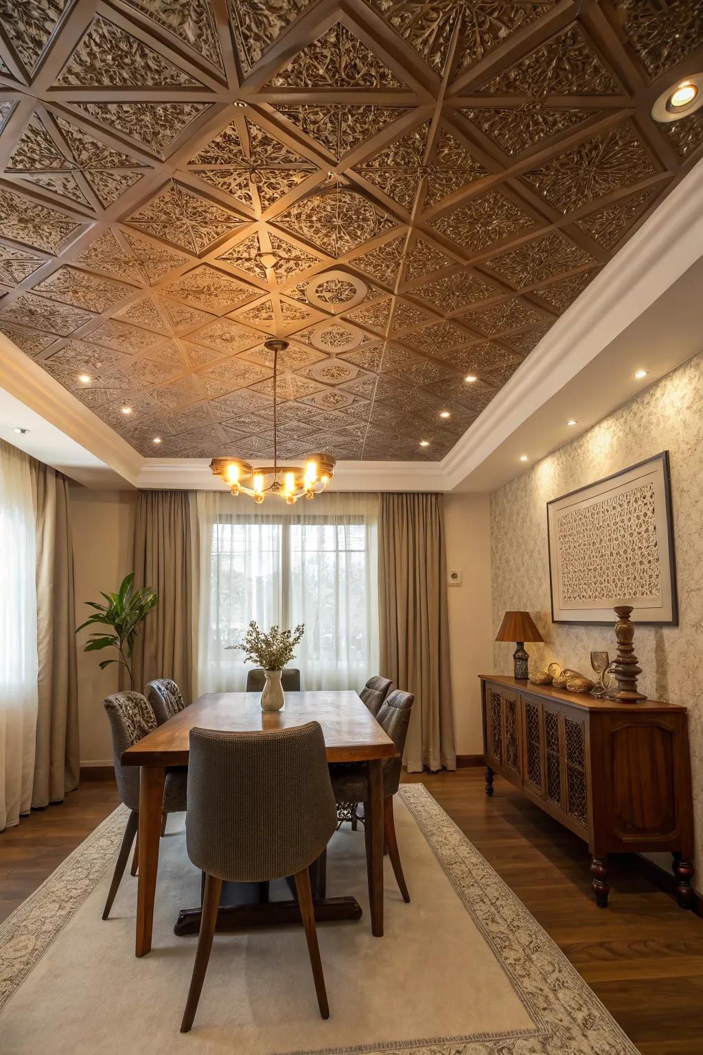 Textured ceilings add depth and character to the dining room.