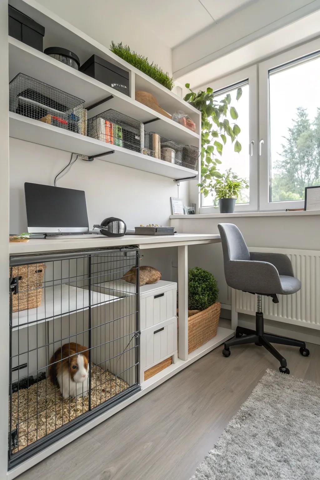 A guinea pig cage with functional shelves, perfectly integrated into a modern home office.