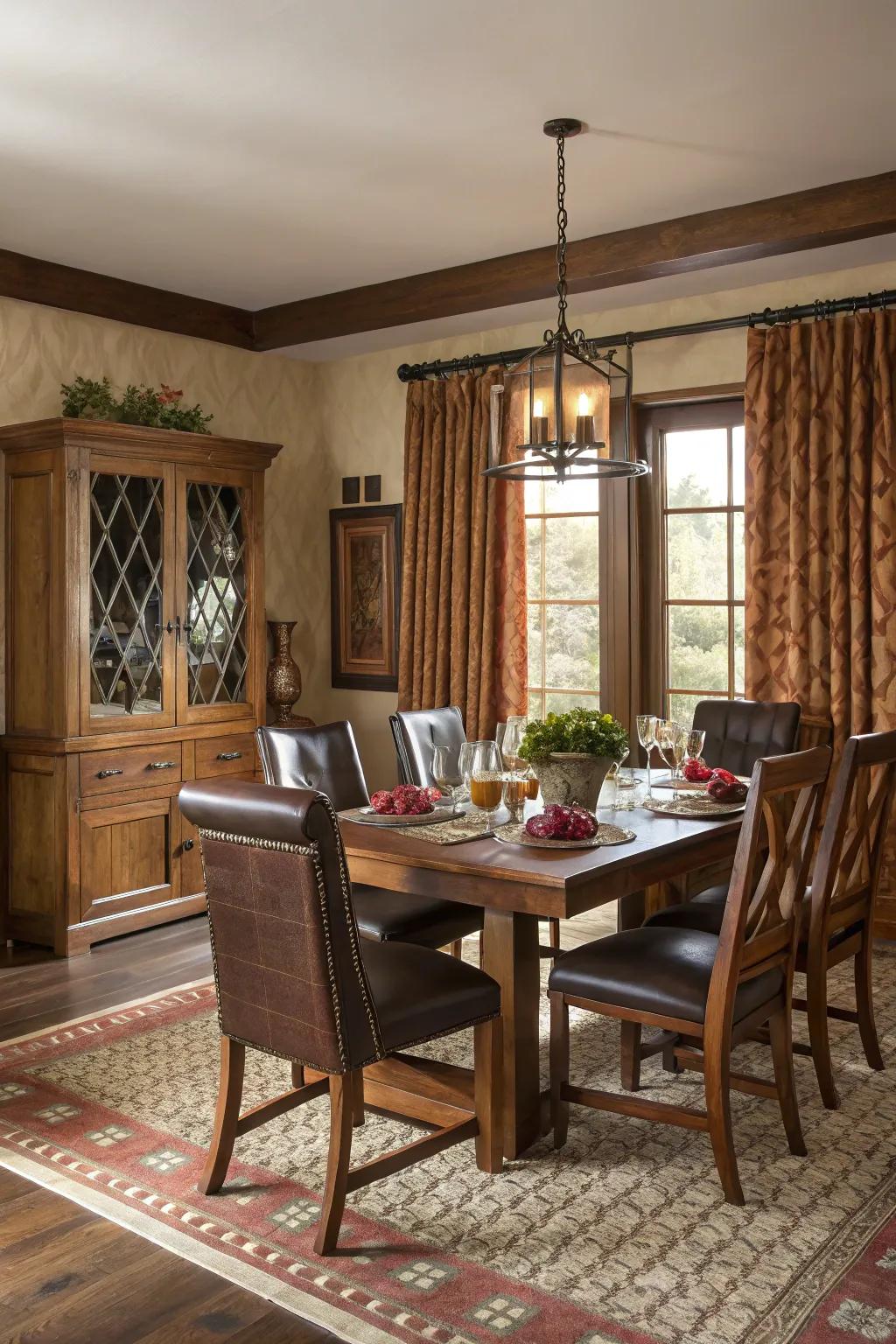 A harmonious blend of textures brings depth to this mid-century modern dining room.