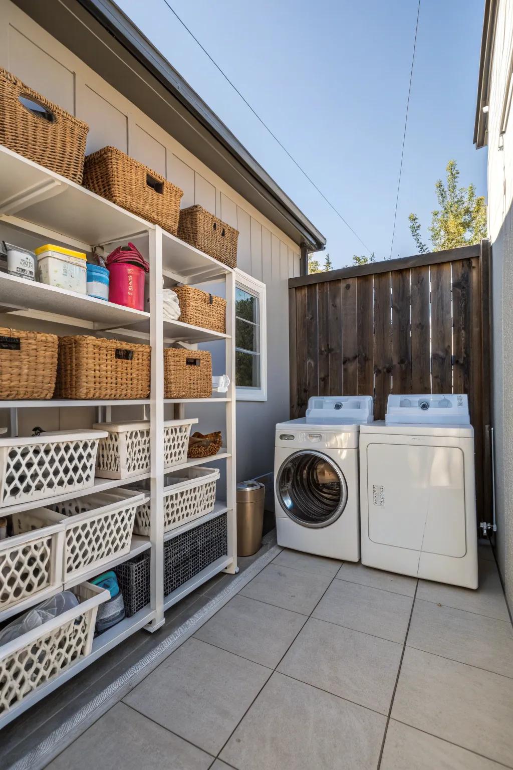 Efficient storage keeps the laundry space clutter-free.