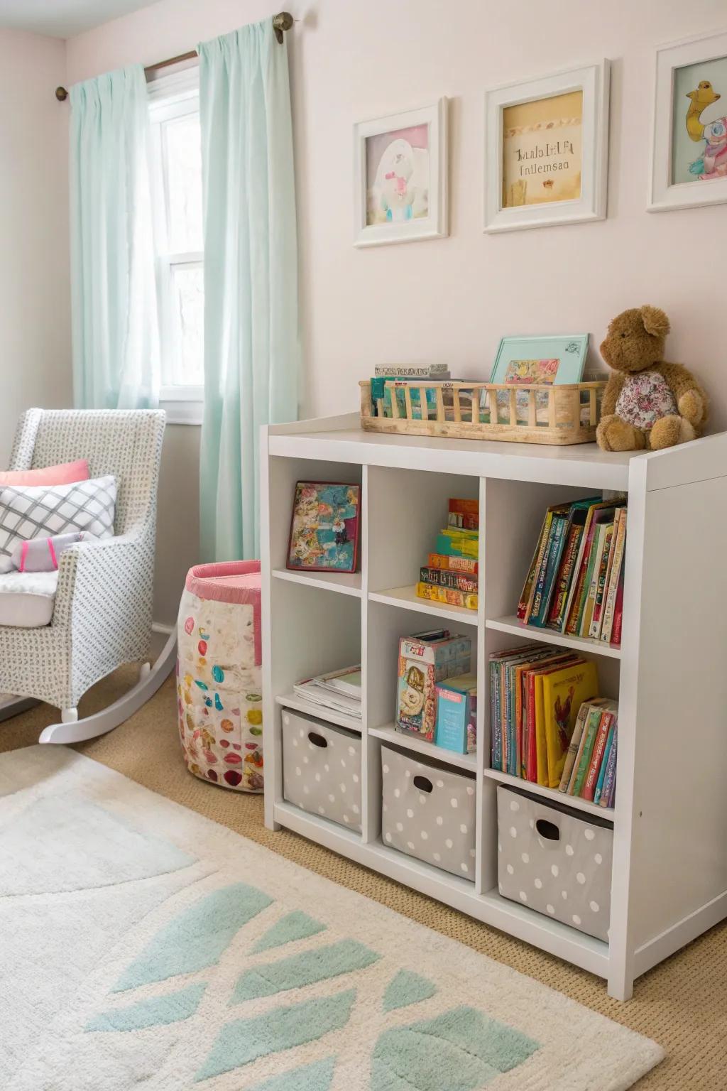 Modular cubbies offer customizable storage for a growing baby room.