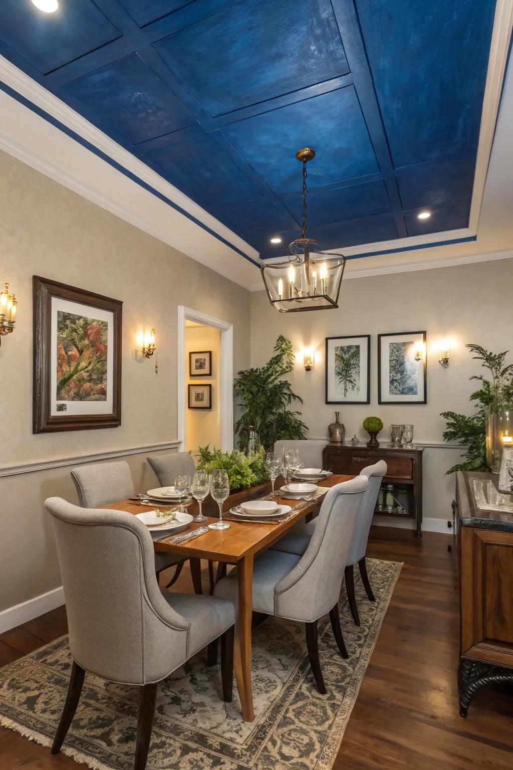 A bold painted ceiling adds a striking contrast to this dining space.