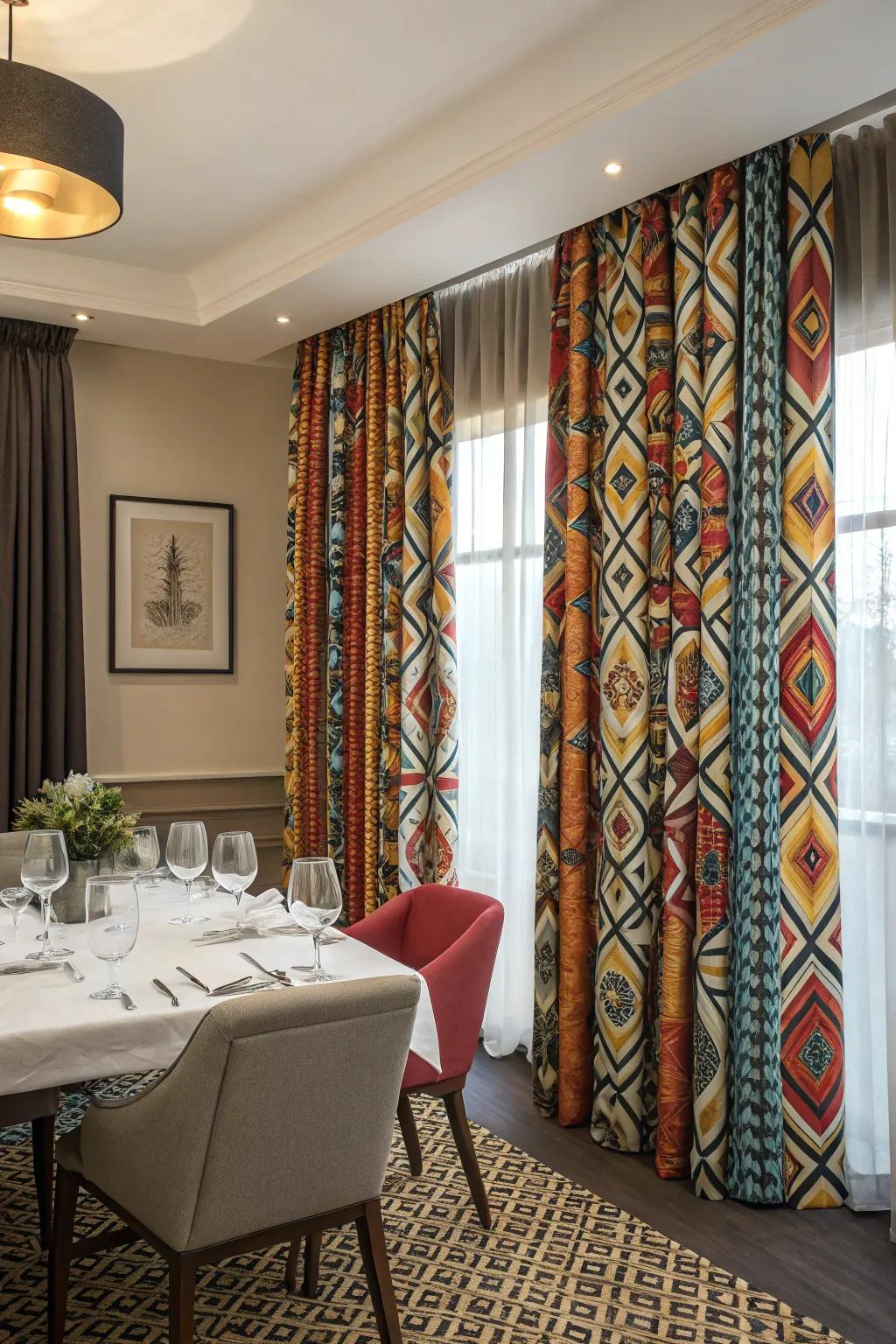 Patterned curtains bring a playful touch to your dining room decor.
