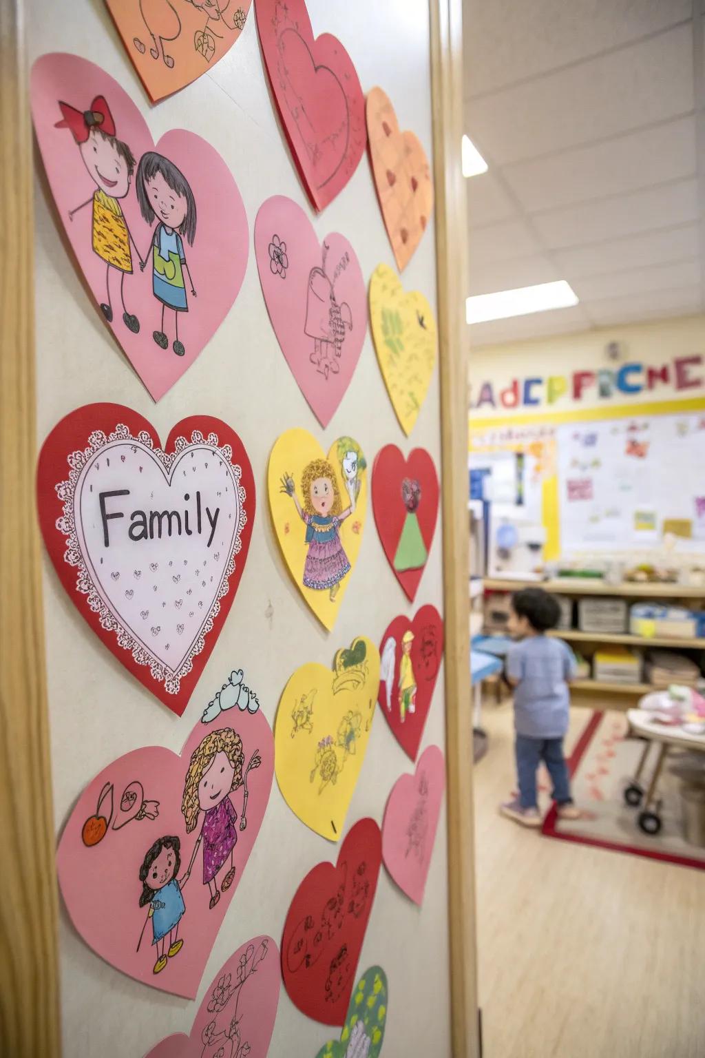 A heartfelt bulletin board with heart-shaped cutouts displaying children's messages about their families.