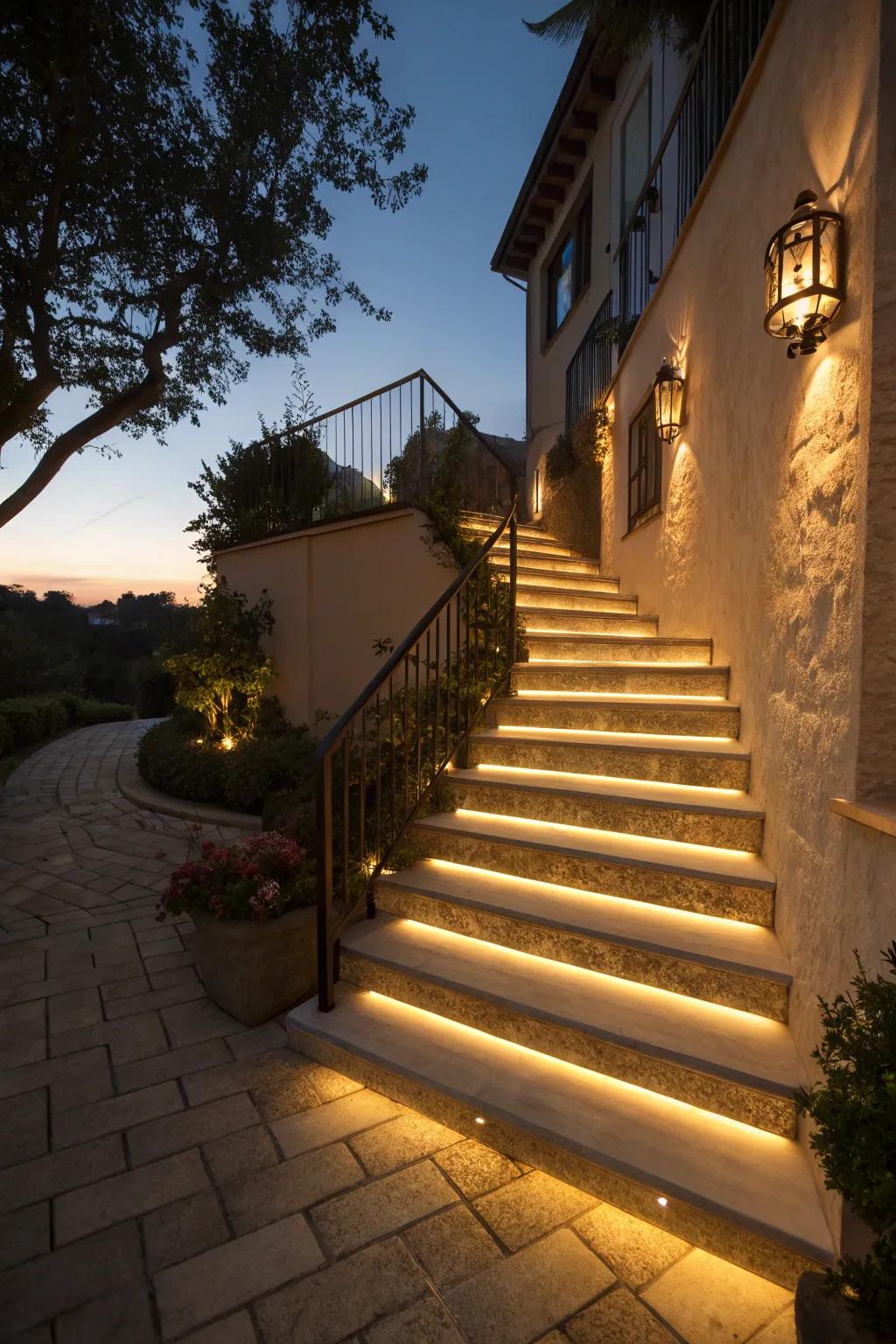 Illuminated steps with LED lighting.