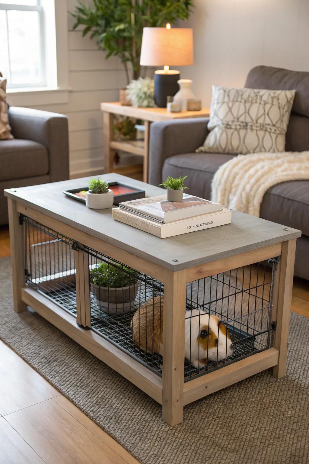 A coffee table cage that combines function and style in a cozy living room.