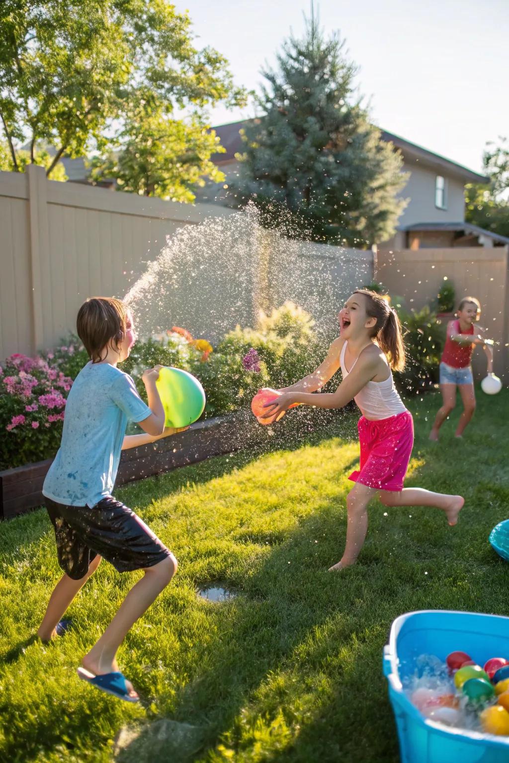 Children having fun with a water balloon fight in the backyard.