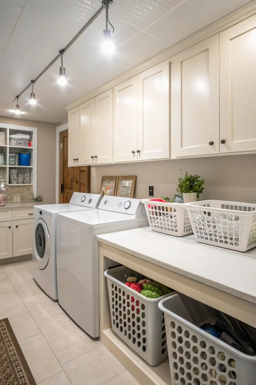 Focused task lighting illuminating workspaces in the laundry room.