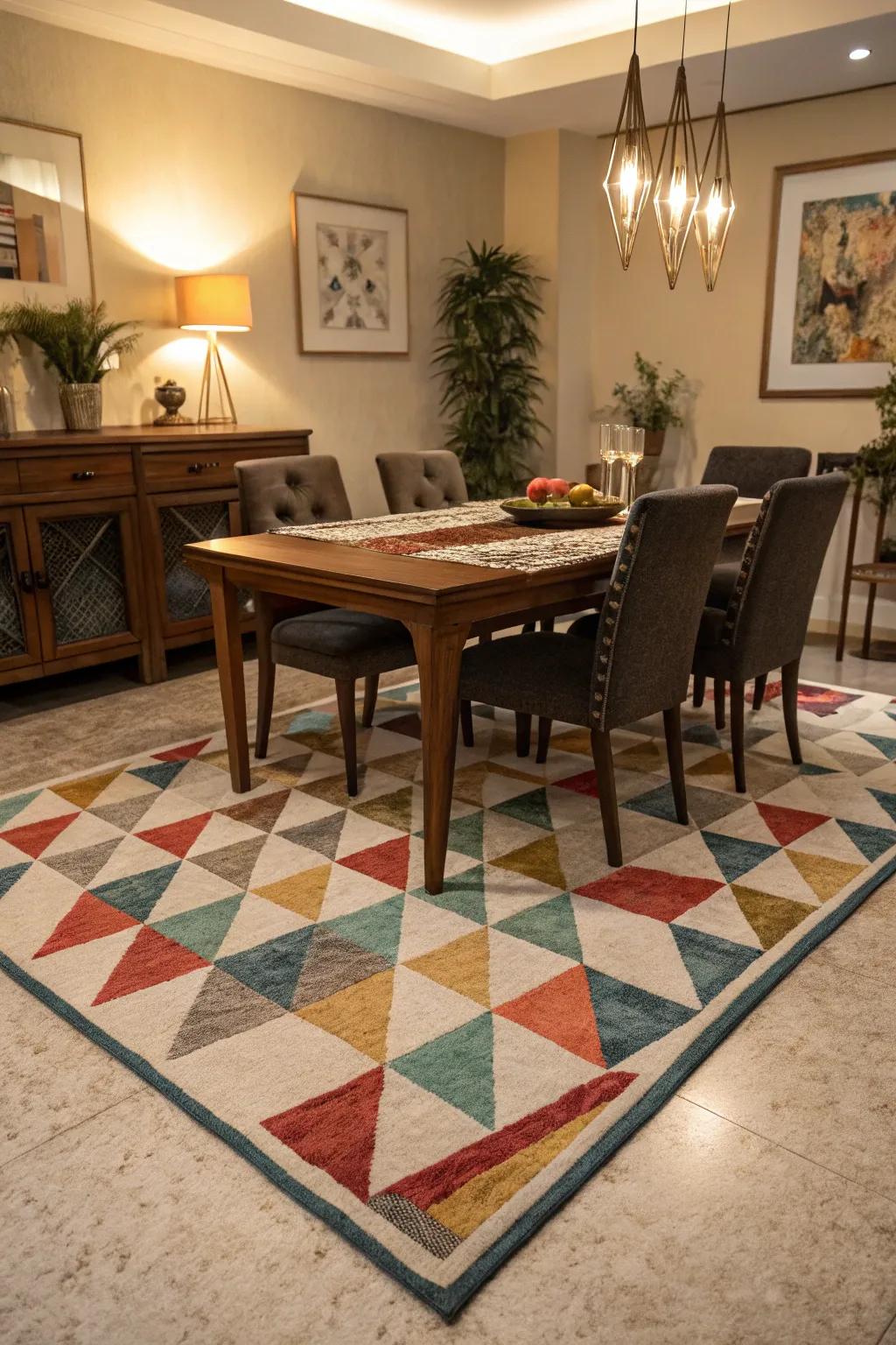Geometric patterns on textiles add a playful yet sophisticated touch.