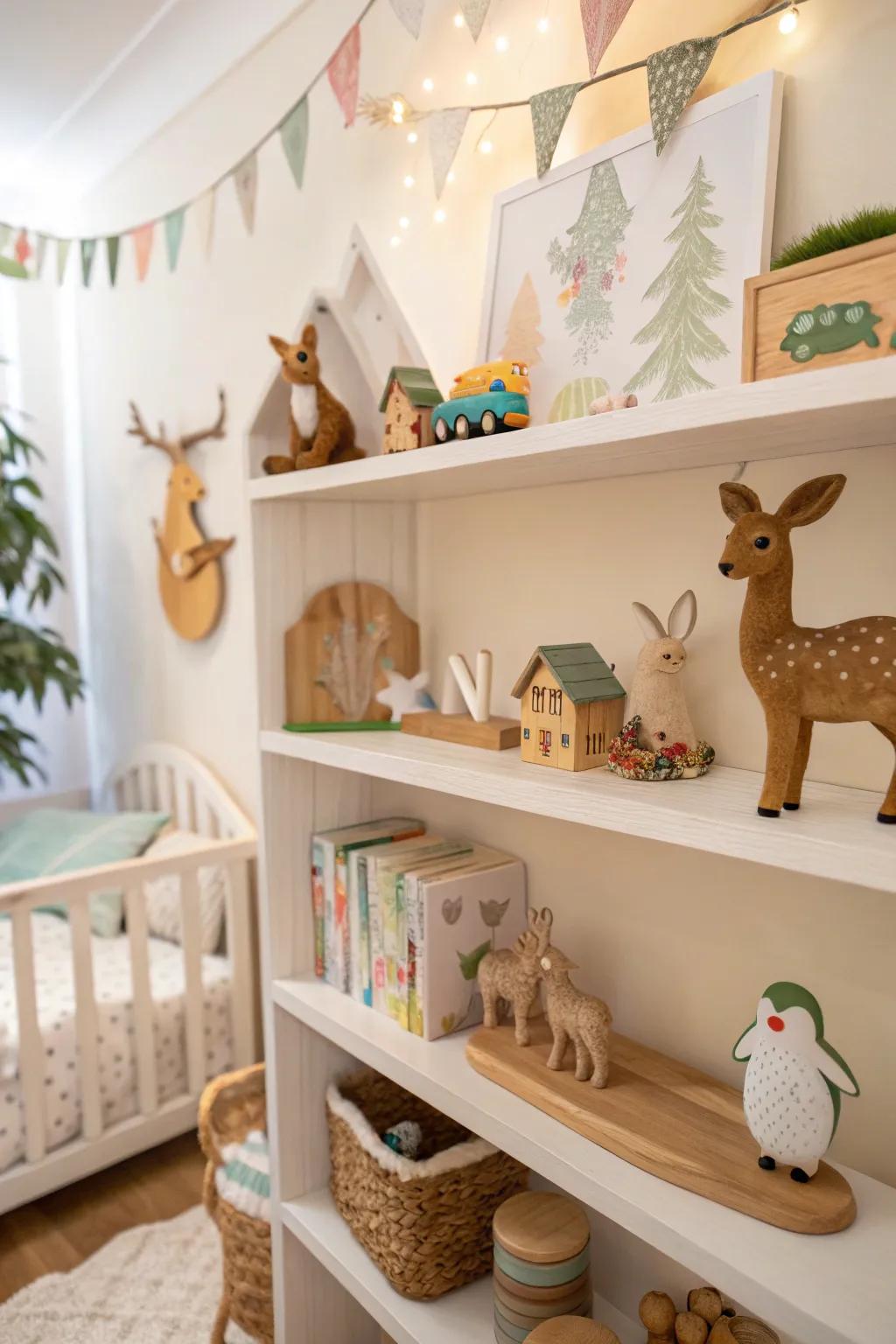 A woodland-themed shelf display, bringing nature indoors.