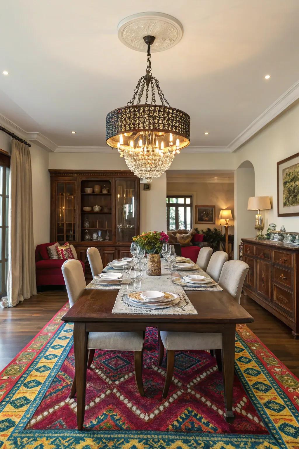 Statement lighting enhances the impact of your dining room rug.