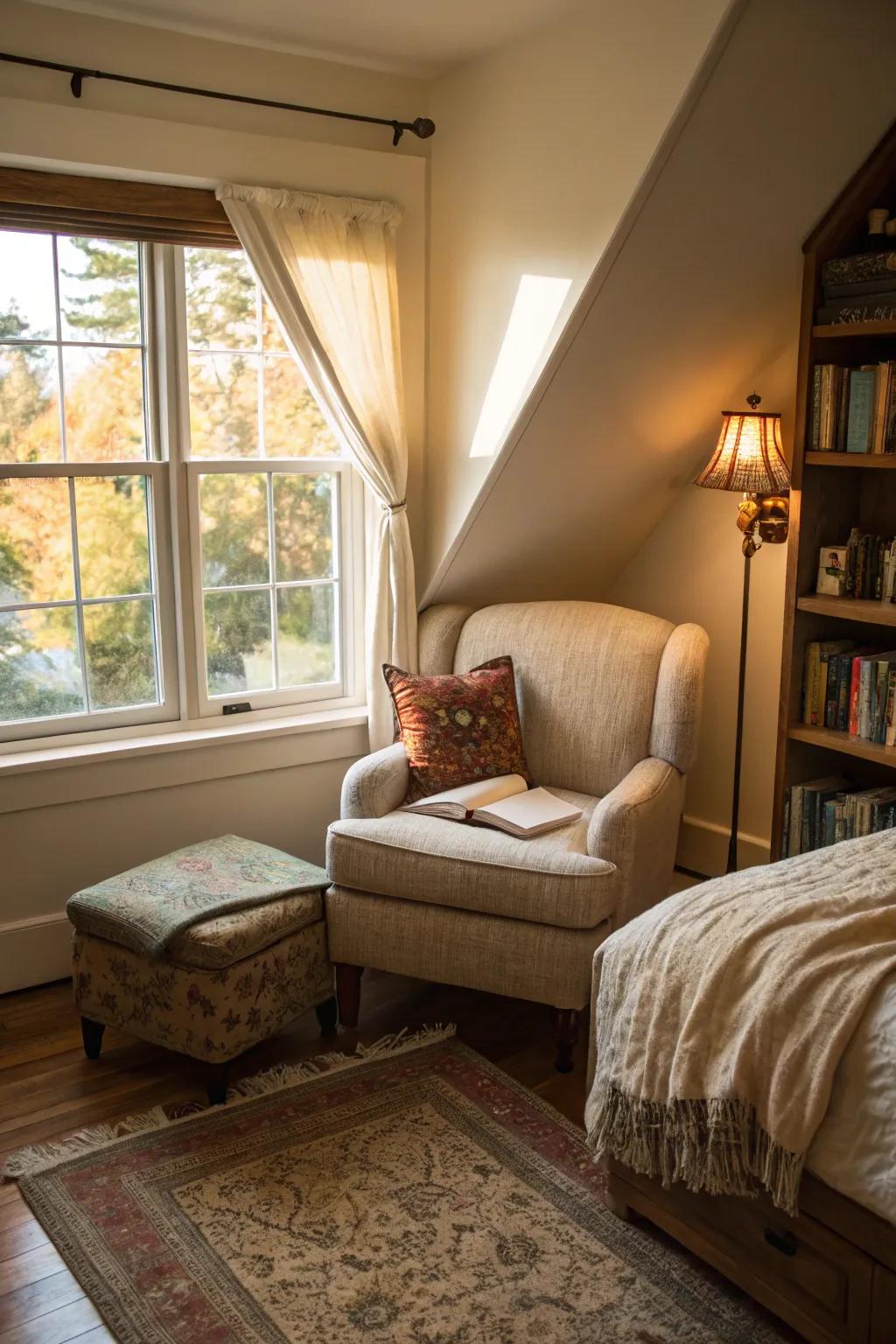 A cozy reading nook offers a peaceful retreat within a small room.