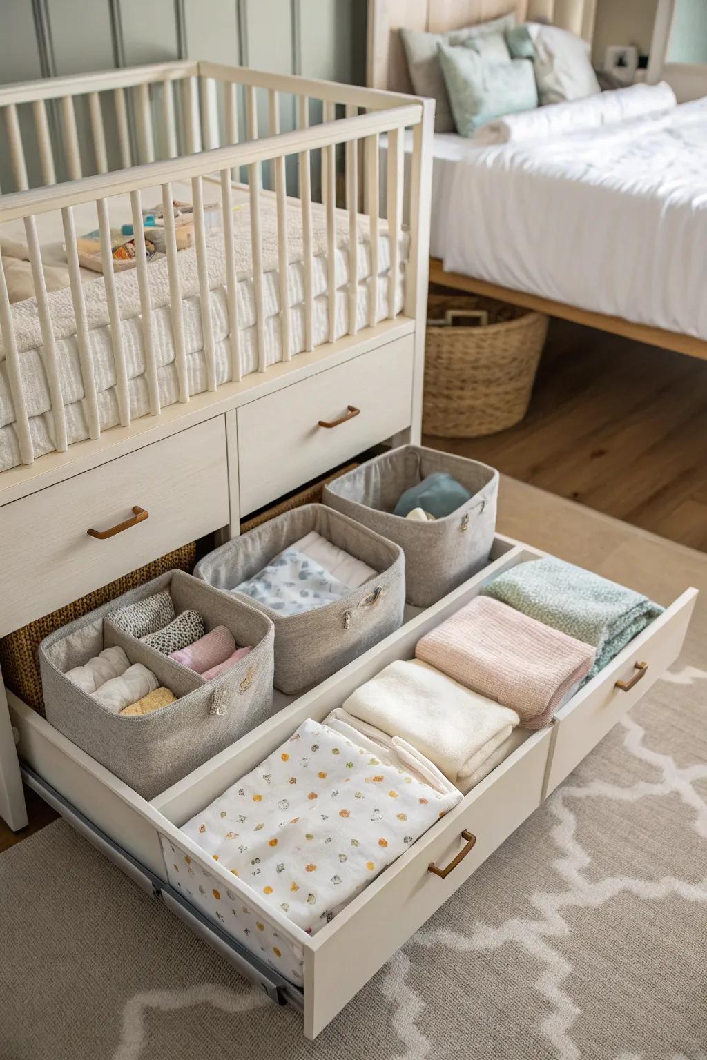 Under-crib storage makes clever use of often overlooked space.