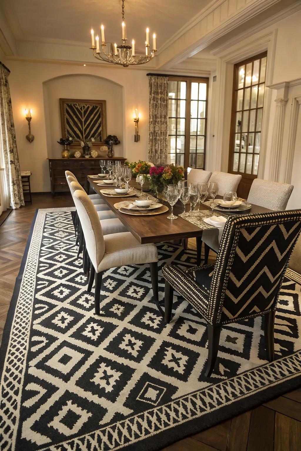 Bold patterns invigorate the black and white dining room.