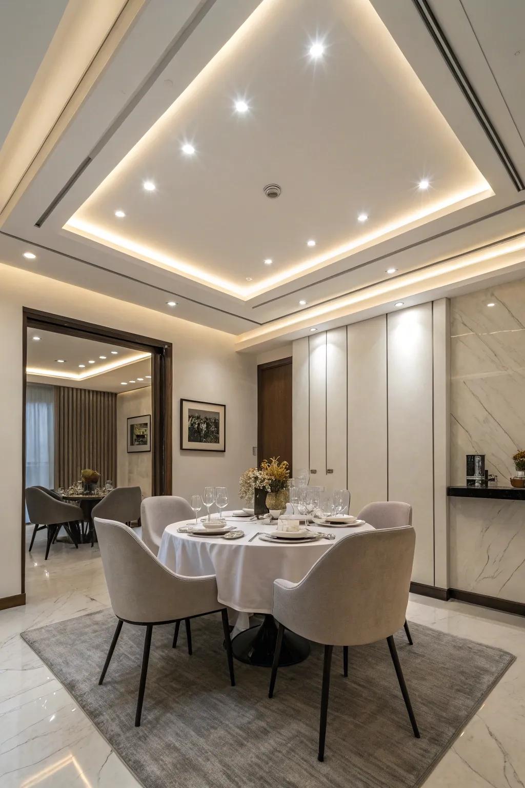 Modern minimalism shines in this dining room with its sleek ceiling design.