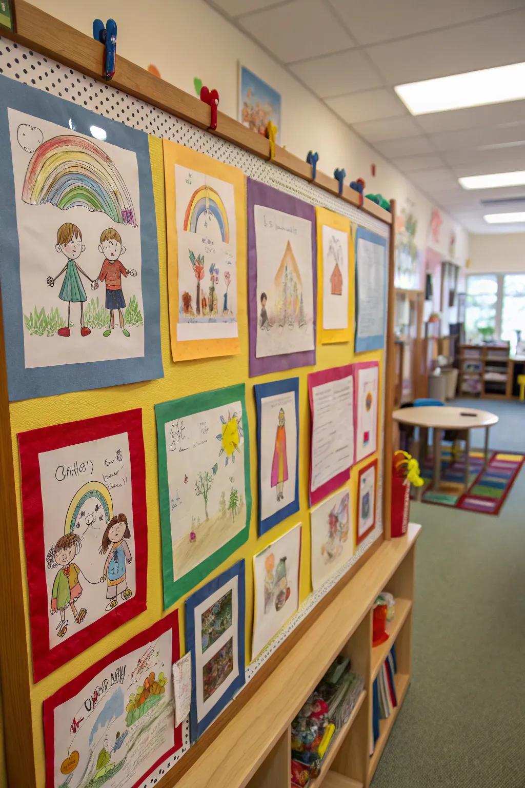 A charming bulletin board gallery displaying children's drawings of their families.