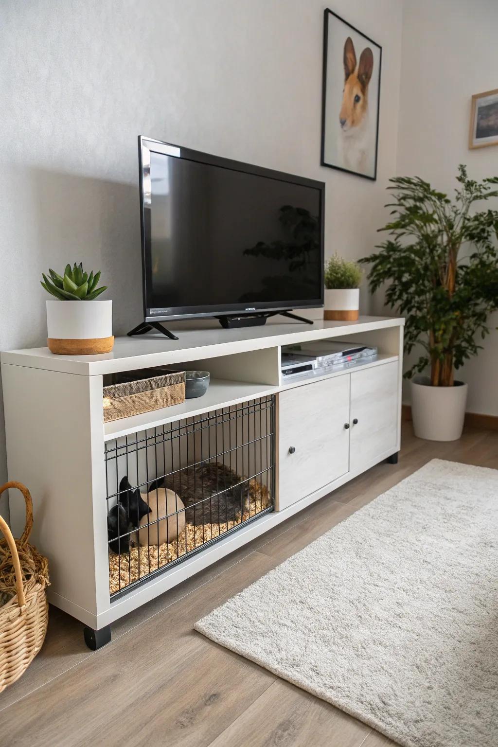 A clever under-furniture cage providing a cozy hideaway beneath a TV stand.